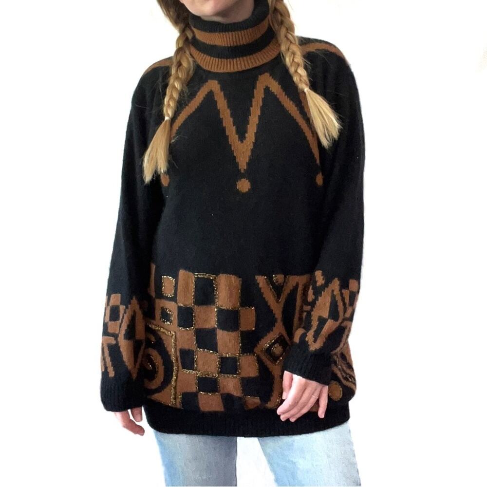 IB DIFFUSIONS Black & Brown Silk Blend Beaded Turtleneck Sweater Small - Picture 3 of 8